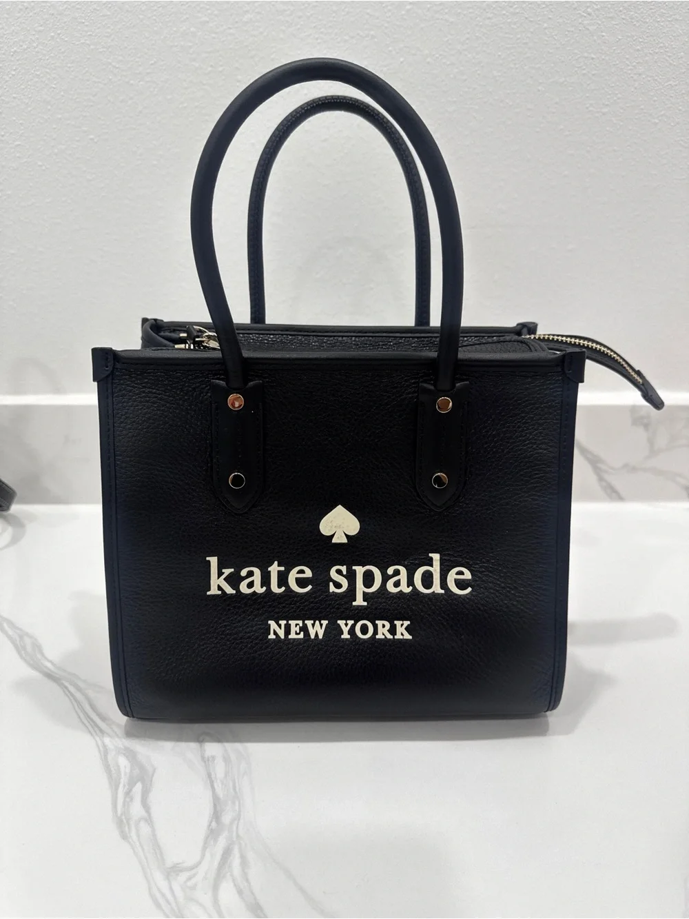 kate spade Black Leather Logo Satchel with Cream Accents